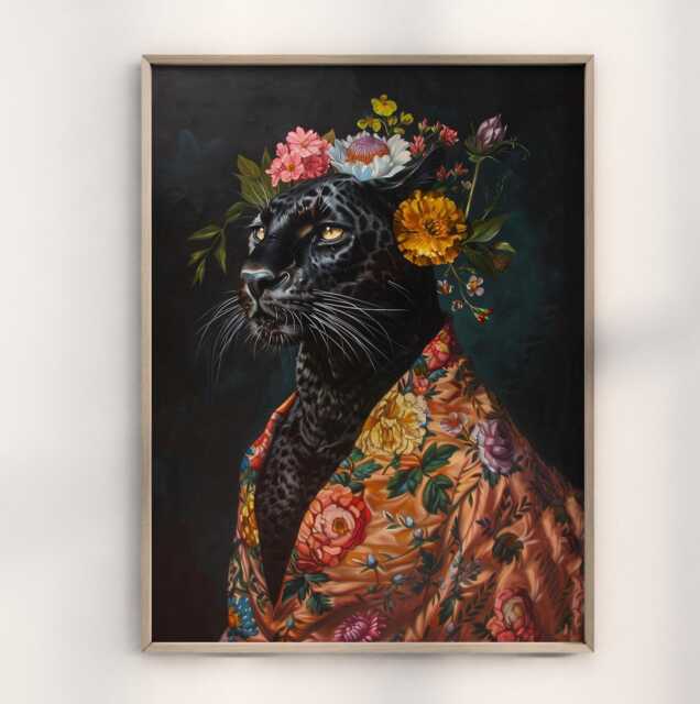 Maximalist Fashionista Black Panther Art Print, Floral Portrait, Bold ...