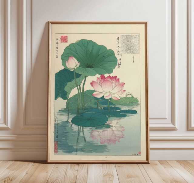 Japanese Lotus Flower Poster, Vintage Botanical Art Print, Traditional ...