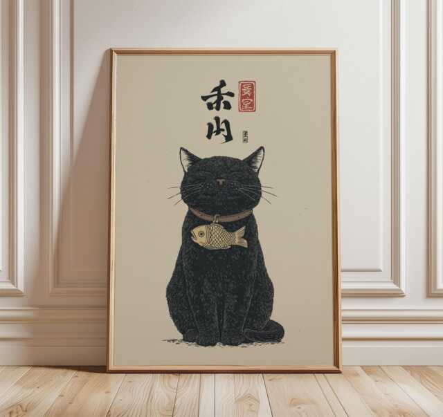 Black Lucky Cat Ukiyo-E Art Print, Japanese Fish Charm Wall Decor ...