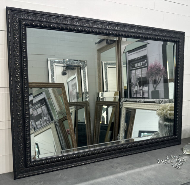 Image showcasing Lg Distressed Black Mirror Shabby Chic Ornate Decorative Bevelled Wall ...