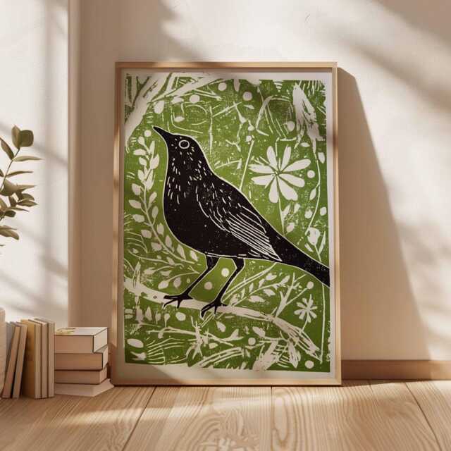Vintage Folk Art Bird Print, Cottagecore Animal Poster, Green