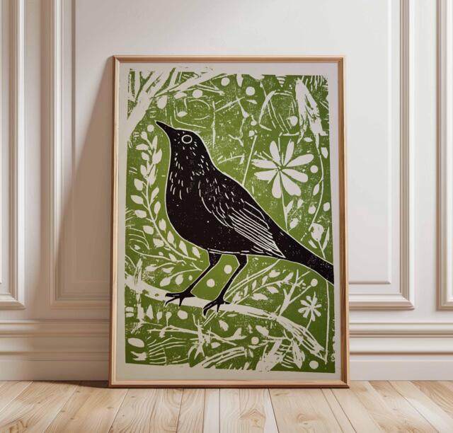 Vintage Folk Art Bird Print, Cottagecore Animal Poster, Green