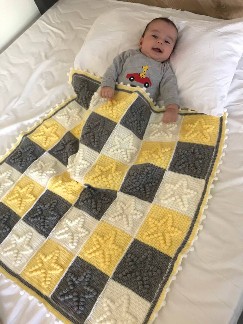 Crochet Baby Blanket Star Patchwork Knit, Cotton Stroller Blanket