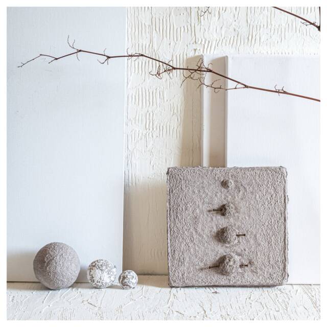 View of Textured 3D Paper Mache Grey Wall Art, Wabi Sabi, Minimalist, Japandi ...
