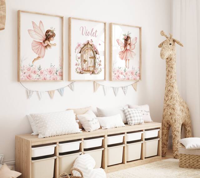 Personalized Fairy Garden Prints Pink Nursery Wall Art Set by Etsy ...