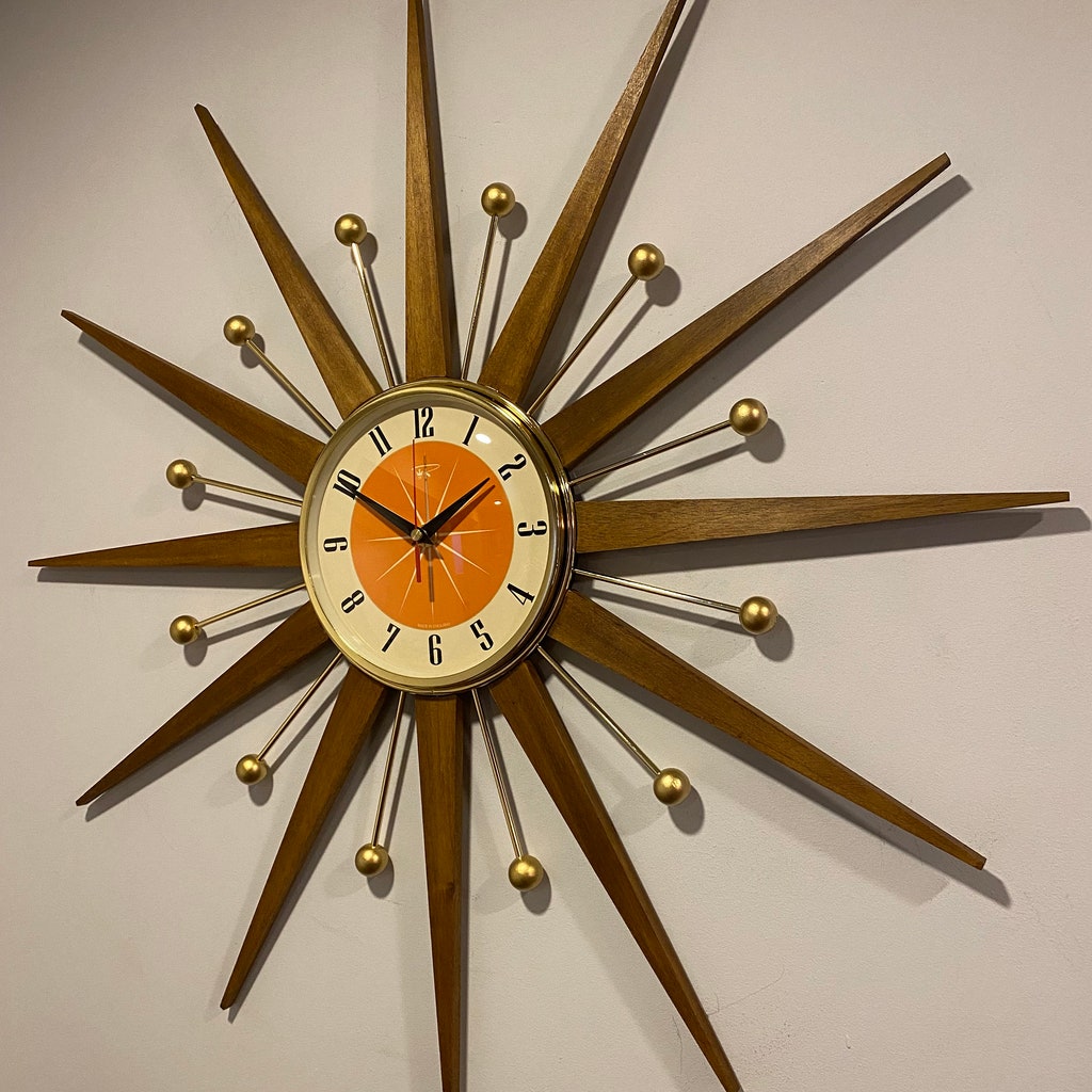 27 Inch Hand Made Mid Century Style Goldtone Starburst Clock By