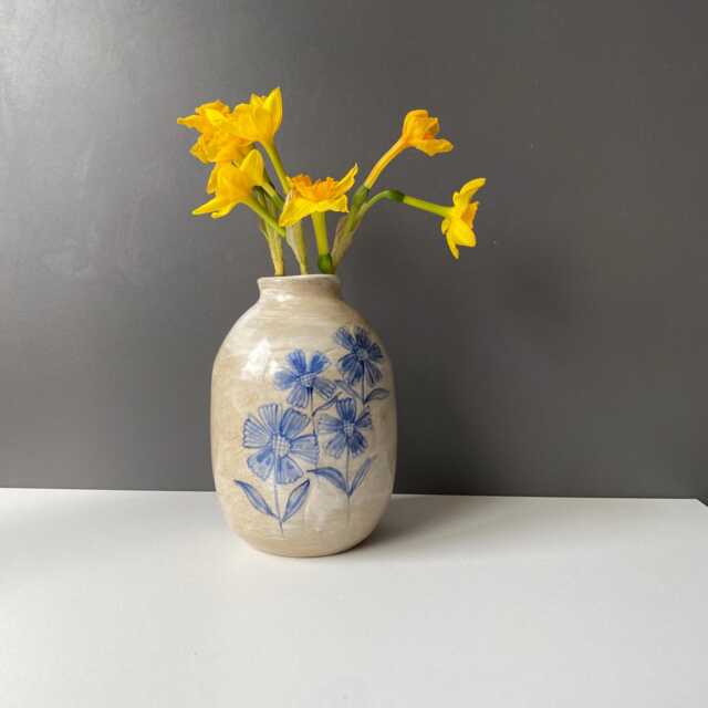 Blue & White Bud Vase, Flower Design, Wheel Thrown Stoneware by Etsy ...