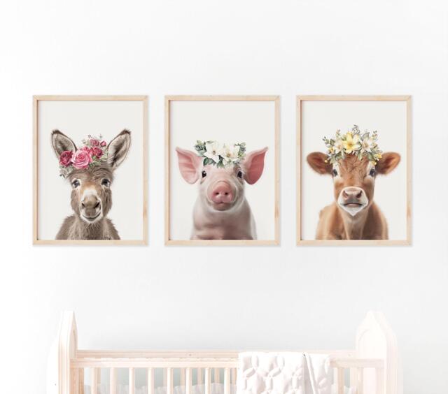 Set Of 3 Cute Farm Animal Prints For Kids Room Wall Decor - Donkey ...