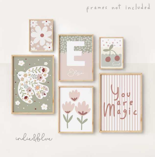 Set Of 6 Girls Personalised Gallery Wall Prints, Sage Green & Dusky ...