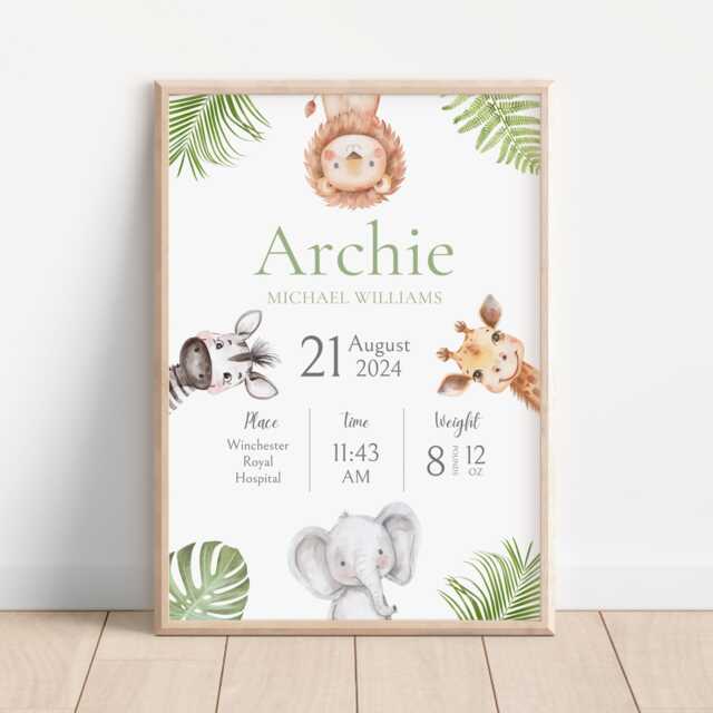Safari Nursery Print Personalized Baby Birth Details, Animal Art by ...
