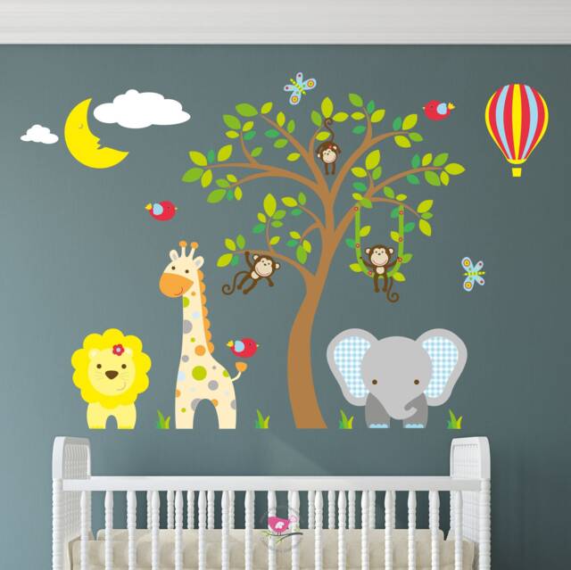 Jungle Animal Nursery Wall Decals Safari Tree, Lion, Giraffe & Monkeys ...