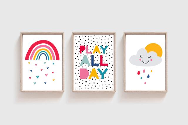 Set Of 3 Rainbow Prints, Print, Play All Day Girls Bedroom Decor ...