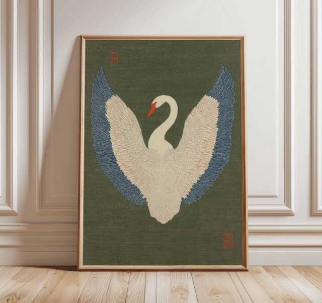 Japanese Swan Wall Art Print, Vintage Bird Poster, Elegant Crane