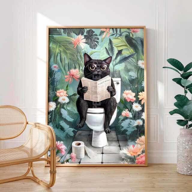 Black Cat On Toilet Print, Funny Bathroom Wall Decor, Posters, Art ...