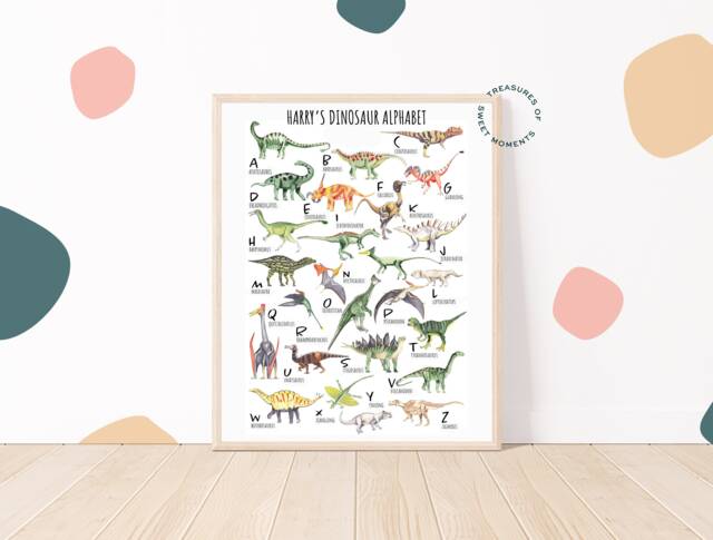 Personalised Dinosaur Alphabet Print - Custom Kids Wall Art Educational ...