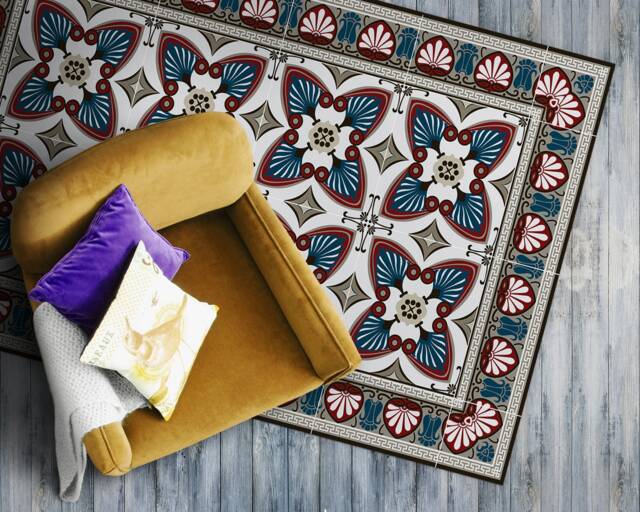 Peacock Eyes Cyan Magenta Mosaic Print Vinyl Mat, Red PVC Blue Floor ...