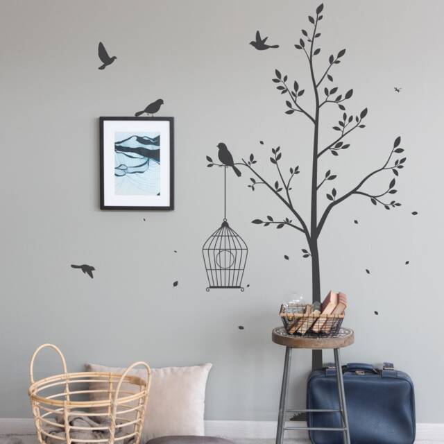 Elegant Tree Wall Decal With Birdcage - Birds Leaves Vinyl Living Room ...