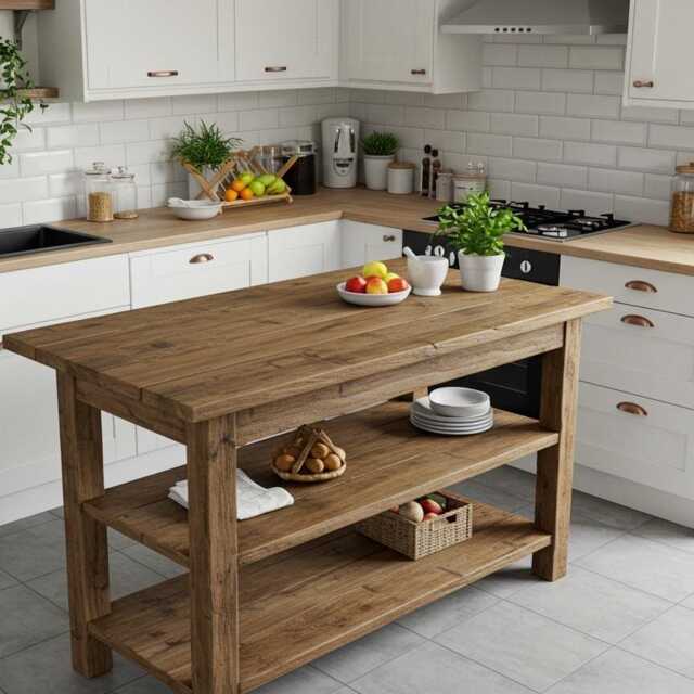 Rustic Kitchen Island With Double Shelf, Reclaimed Wood Storage ...