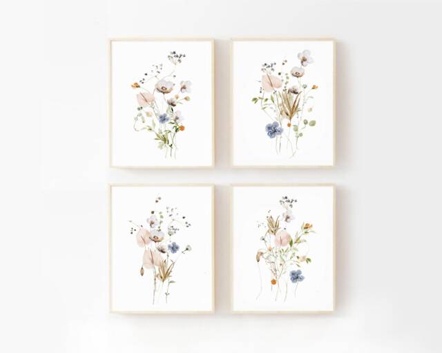 Wildflower Art Prints Or Canvas Set Of 4, Watercolor Flower Wall Art ...