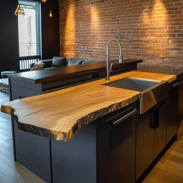 Live Edge Wood Kitchen Island Bar - Custom Rustic Slab Countertop ...