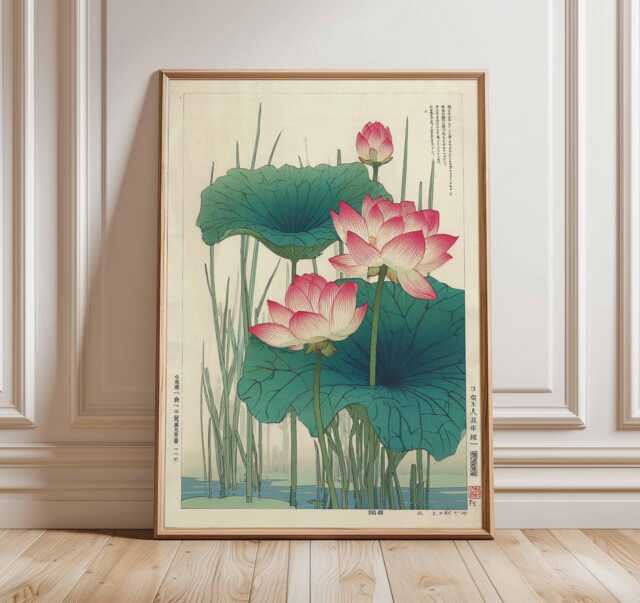 Japanese Lotus Flower Poster, Vintage Botanical Art Print, Traditional ...