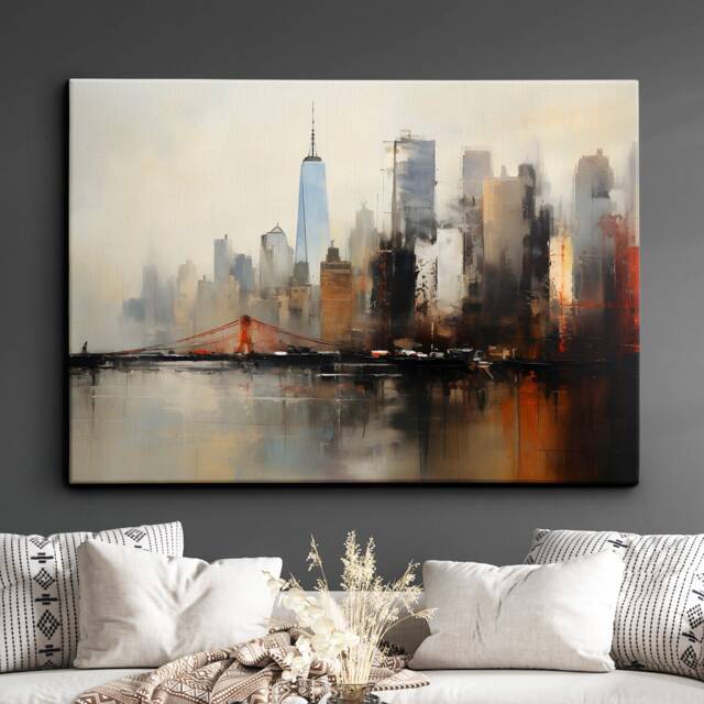New York City Skyline Bridge America Landmark Oil Painting Style Wall ...