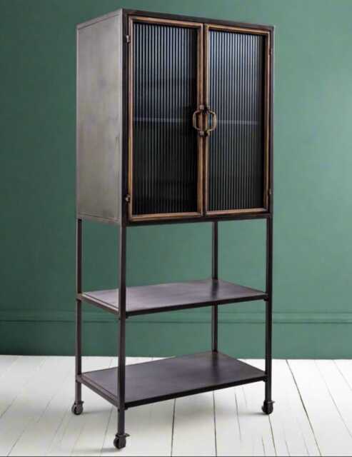 Tall Industrial Ribbed Glass Storage Cabinet Black Metal & Bronze Trim ...