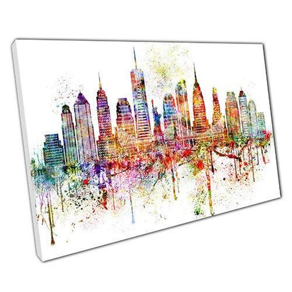 New York Skyline Canvas Print Colorful City Landmarks Wall Art For Home ...