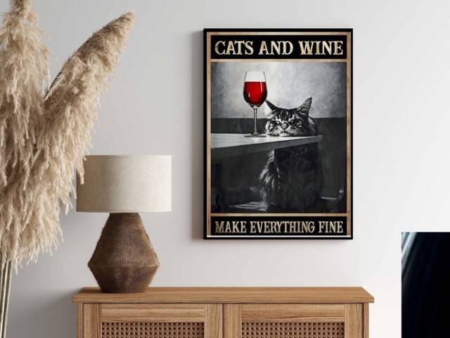 Cat With Glass Of Wine Poster , Tabby Cat Wall Art - Print -Tabby ...
