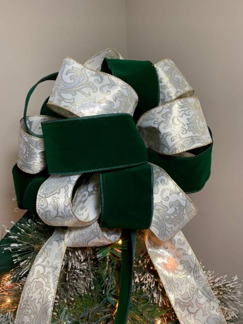 Medium Christmas Tree Topper Green Velour Ribbon & Ivory With Silver ...