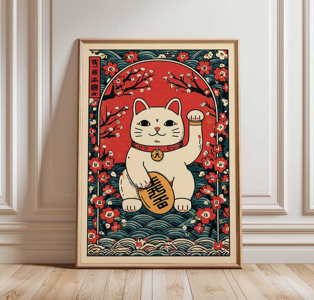 Lucky Cat Poster, Japanese Maneki Neko Wall Art, Red & Gold