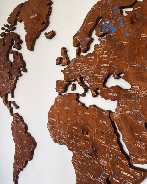 Wooden Wall Map With Cities & Rivers Of The World Home Decor Travel ...