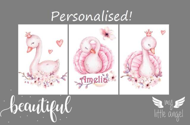 Personalised Swan Prints - Girls Room Nursery Cute Wall Decor Bedroom ...