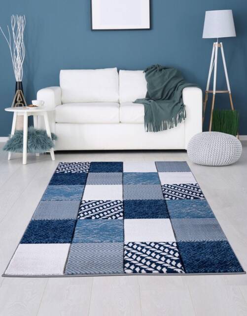 Navy Blue Grey Charcoal Cream Blocks Design Floor Rug Small Extra Large ...