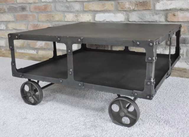 Modern Industrial Style Metal Coffee Table with Locking Caster Wheels