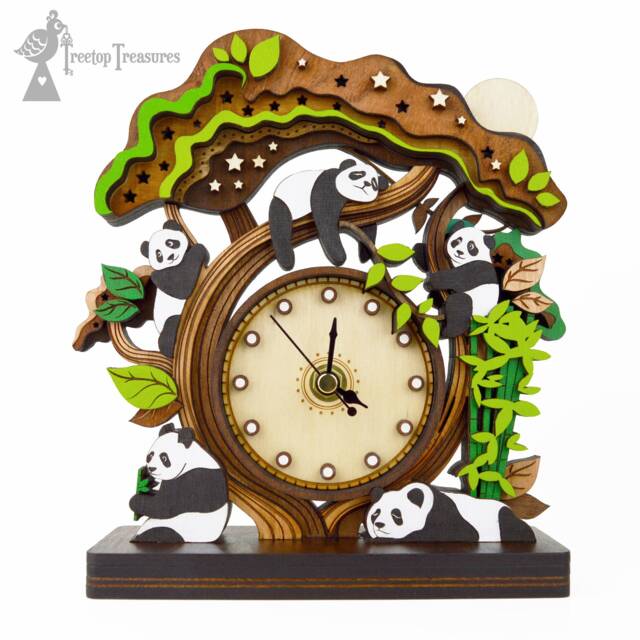 Hand Clock Panda Panda Family Layered Wooden Mantel Clock, Lasercut Engraved Nursery ...