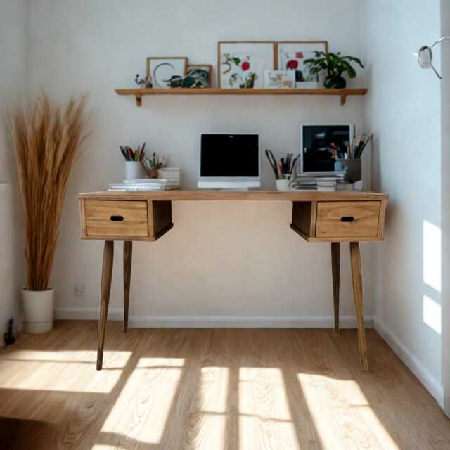 Picture Idea: Mid Century Modern Solid Wood Desk Rustic Pine Home Office