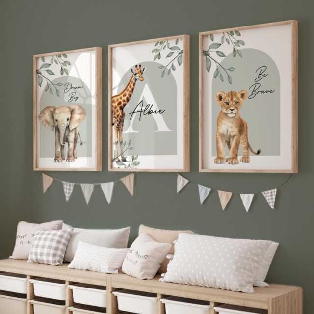 Set Of Three Safari Nursery Prints Set Sage Green Jungle Animals ...