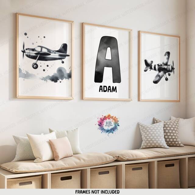 Personalised Kids Airplane Prints - Set Of 3 Wall Art - Black & Grey ...
