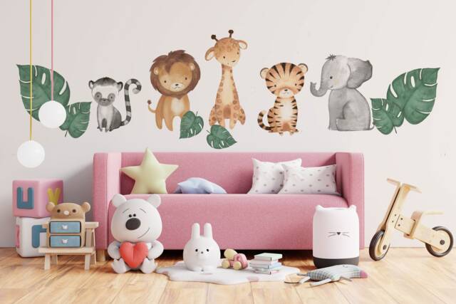 Watercolor Safari Animals Wall Decal Tropical Monstera Leaf Design by ...