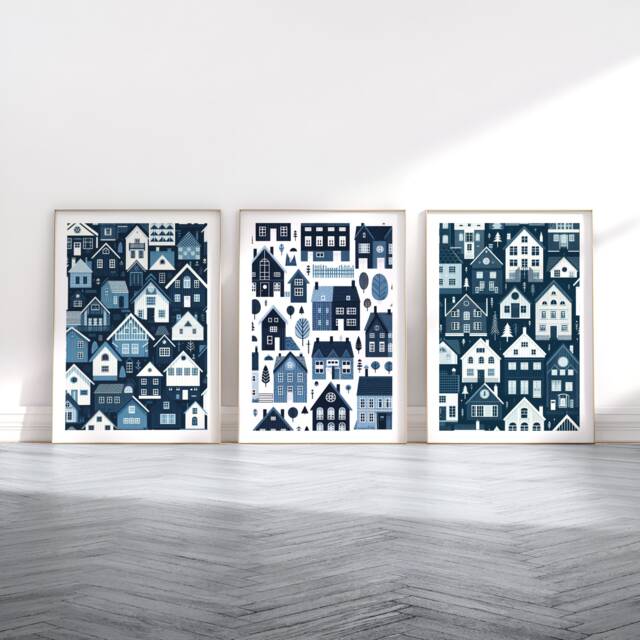 View of Scandi Houses Print Set - 3 Scandinavian Style Posters - Retro Artwork ...