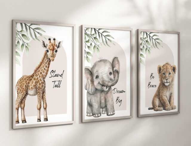 Safari Elephant Giraffe Lion Animal Prints Baby Nursery Set Of Unframed ...