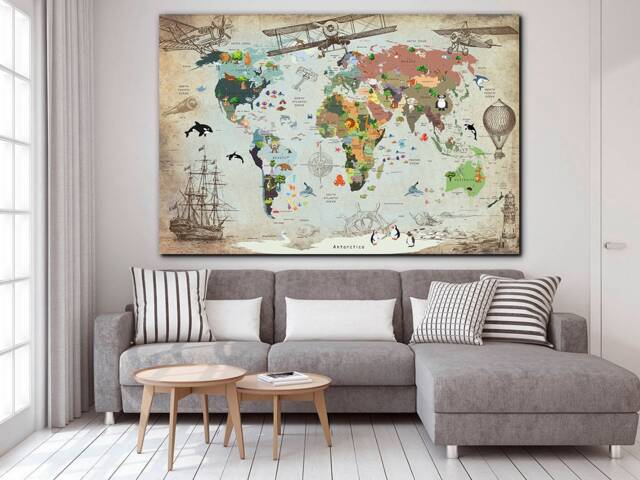 Animal World Map Canvas Kids Decor Large Nursery Art Extra Large Wall ...