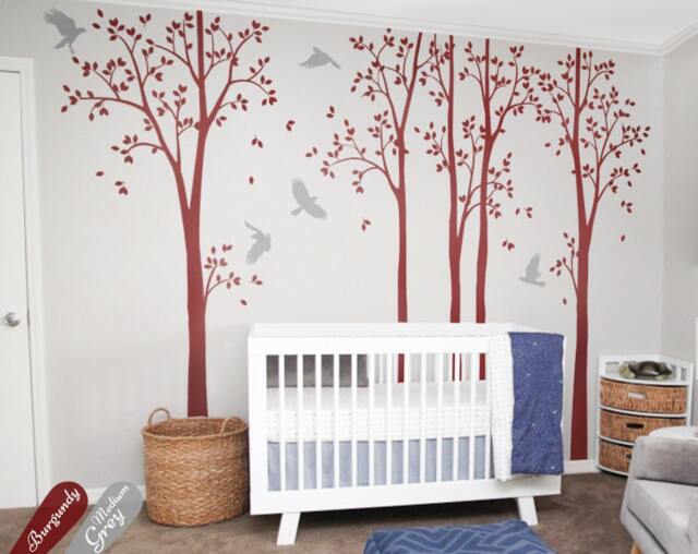 Large Trees Wall Decal Set Of Nursery Tree Stickers With Birds Mural ...