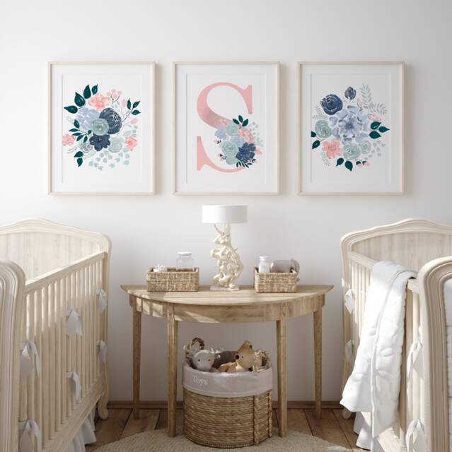 Floral Nursery Decor, Monogram, Watercolor Flowers, Baby Girl Wall Art ...