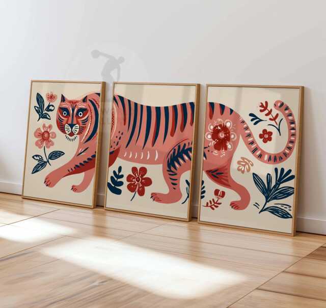 Tiger Wall Art Set Of 3, Modern Jungle Animal Print, Bold Red Safari ...