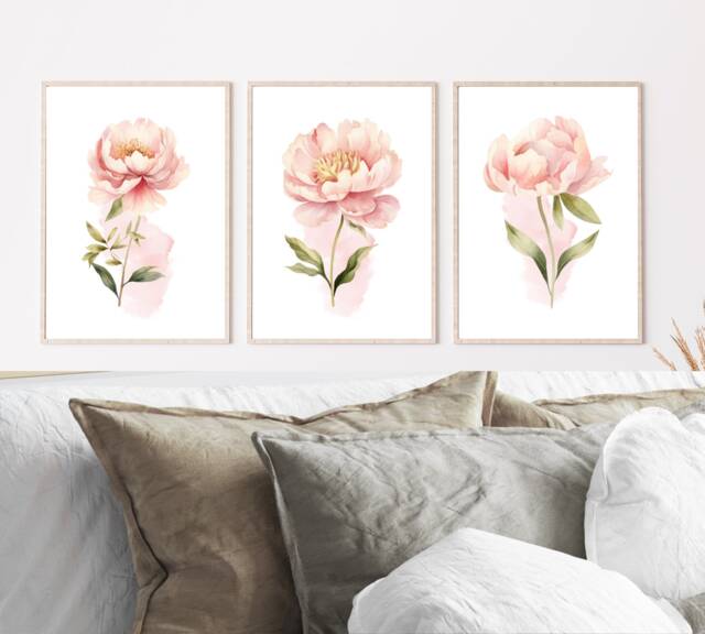 Set Of 3 Pink Flower Prints, Rose Watercolour Bedroom Pastel Wall Art ...