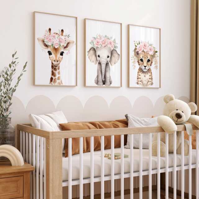 Safari Nursery Prints Girl, Set Of 3 Animal Pictures, Playroom Decor ...