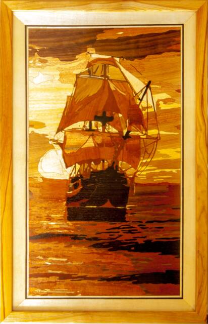 Ship Inlay Wood Mosaic 35x22 Inlay Framed Sailing Ship Seascape Marine Home Decor ...