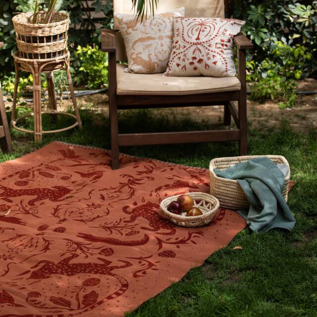 Terra Cotta Hand-Printed Flatwoven Cotton Kilim Rug - Bold Statement ...
